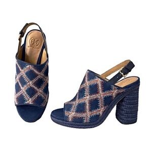 Tory Burch New Trinity 100MM Sandal Suede/Veg Leather Flame Stitch Mule Open Toe